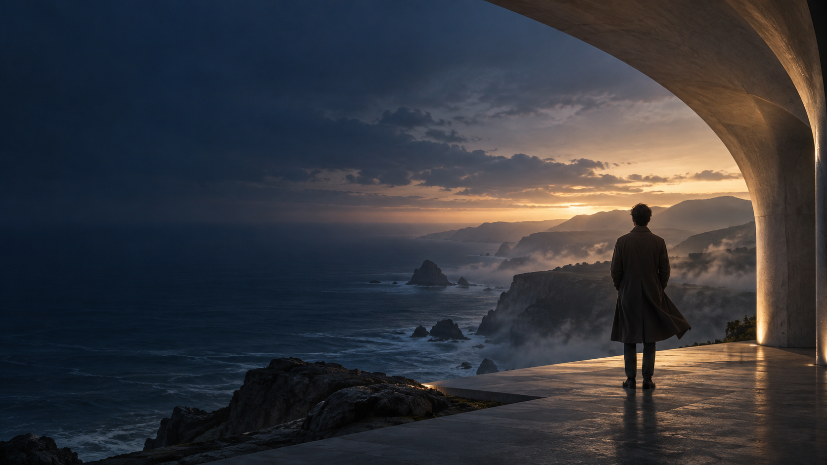 Illustrative film still: a person faces a misty coastline beneath a sculptural stone canopy